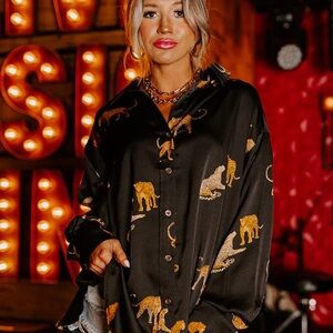 Chic Black Animal Print Button-Up Shirt